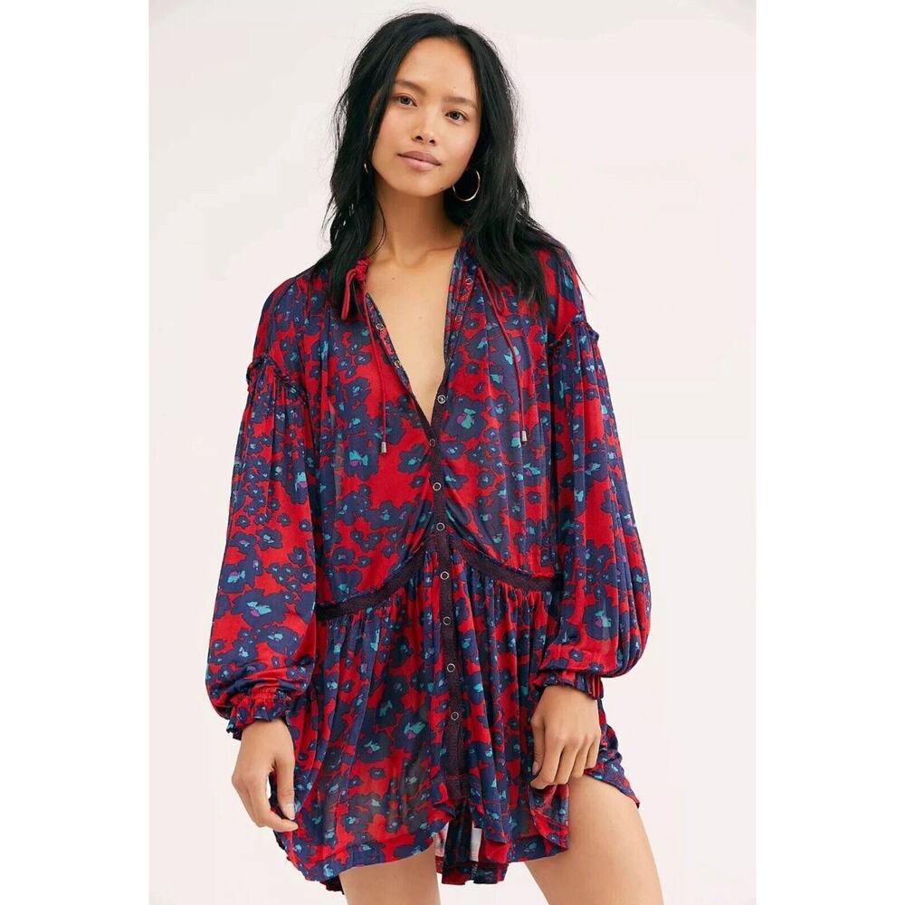 FREE PEOPLE LOVE LETTER TUNIC IN RED COMBO SMALL Flowy Tunic Dress Top